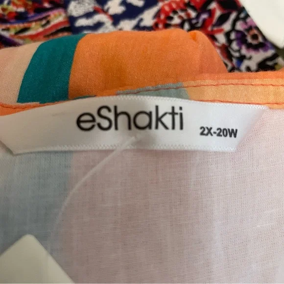 eshakti Plus Size 2X Leaf Embroidery Stripe Print Cotton Voile A-Line Dress - Picture 7 of 8